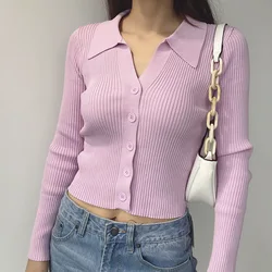 Jesienny sweter z długim rękawem na co dzień zapinany na guziki cienki damski sweter dziergany zimowy seksowny jednokolorowy damski T-shirt Crop Trendy