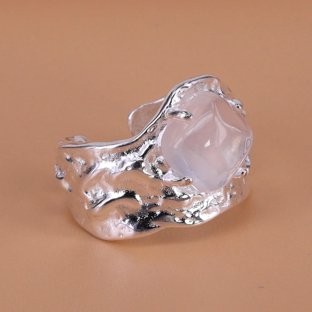 

VENTFILLE 925 Sterling Silver Ring for Women Girl Jewelry Crystal Lunar Crater Irregular Texture Broad Design Dropshipping