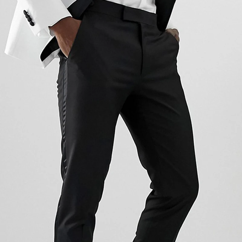 Black Men Pants with Side Satin Stripe One Piece Official Slim Fit Formal Male Trousers Fashion Clothes for Wedding Evening