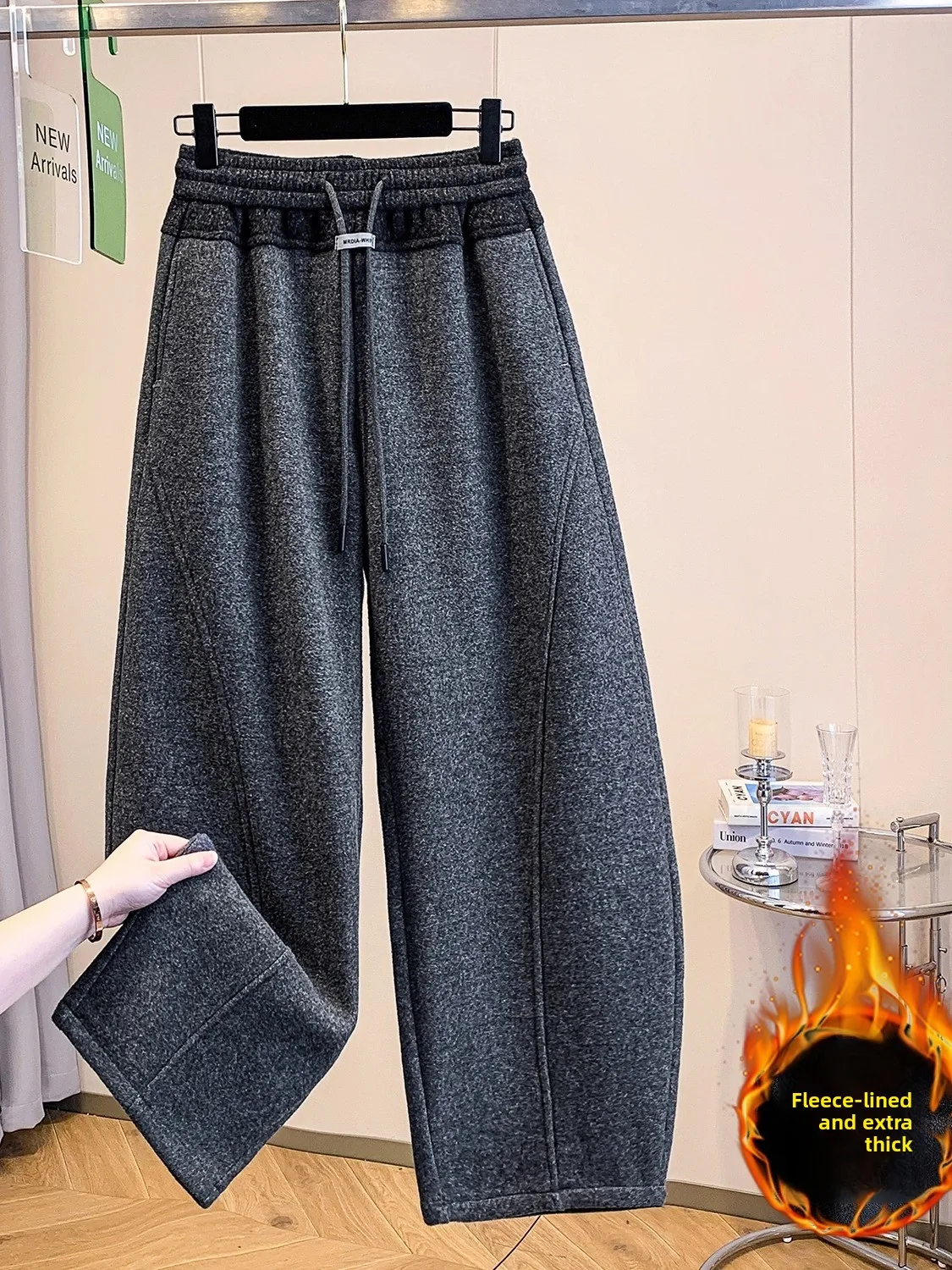 ارتفاع الخصر Fce اصطف واسعة الساق سكين السراويل الصوفية اللون بلو السراويل الشتوية غير رسمية للنساء حجم كبير #2