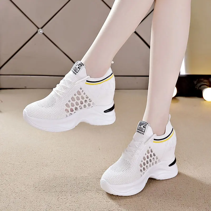 

New Women Mesh Breathable Casual Sneakers Women Spring Platform Heels Wedges Height Increasing Knitted Ladies White Shoes