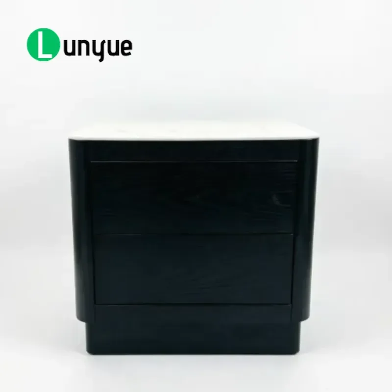Modern Durable Wooden Bedside Table with Marble Pattern 2 Drawers Black Nightstand for Bedroom Storage Home Decor Furniture