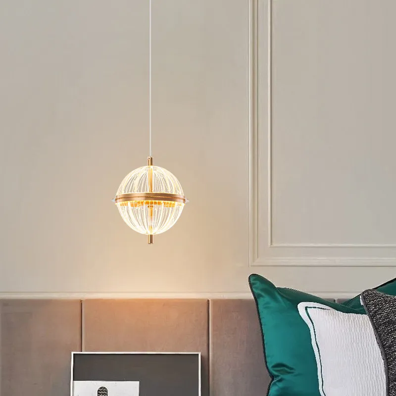 Modern Gold Vertical Striped Glass Pendant Light Two Shapes LED Mini Hanging Lamp Bedside Counter Bedroom Living Room Chandelier
