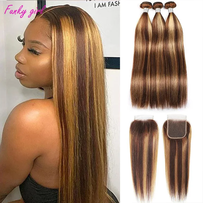 Bundles With Closure 12A Grade Bone Straight Highlight Ombre Brown Brizilian Remy Hair Human Hair Hair Bundles With Frontal 13x4