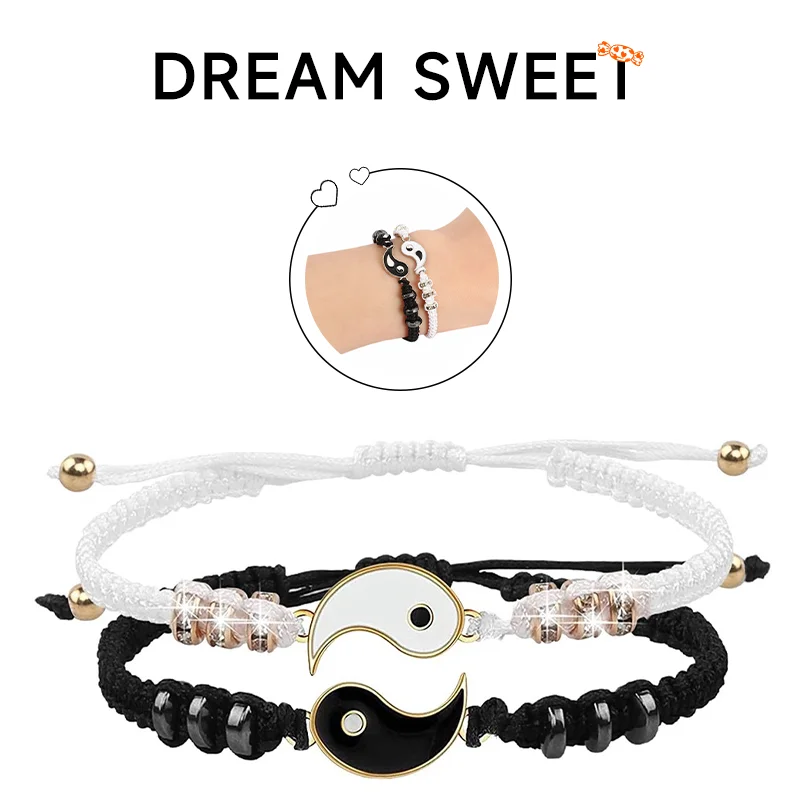 2 PC Jewelry Set Couple Black White Tai Chi Bracelet Rope Adjustable Chain Set Simple Style Daily Wear Couple Bracelet Jewelry