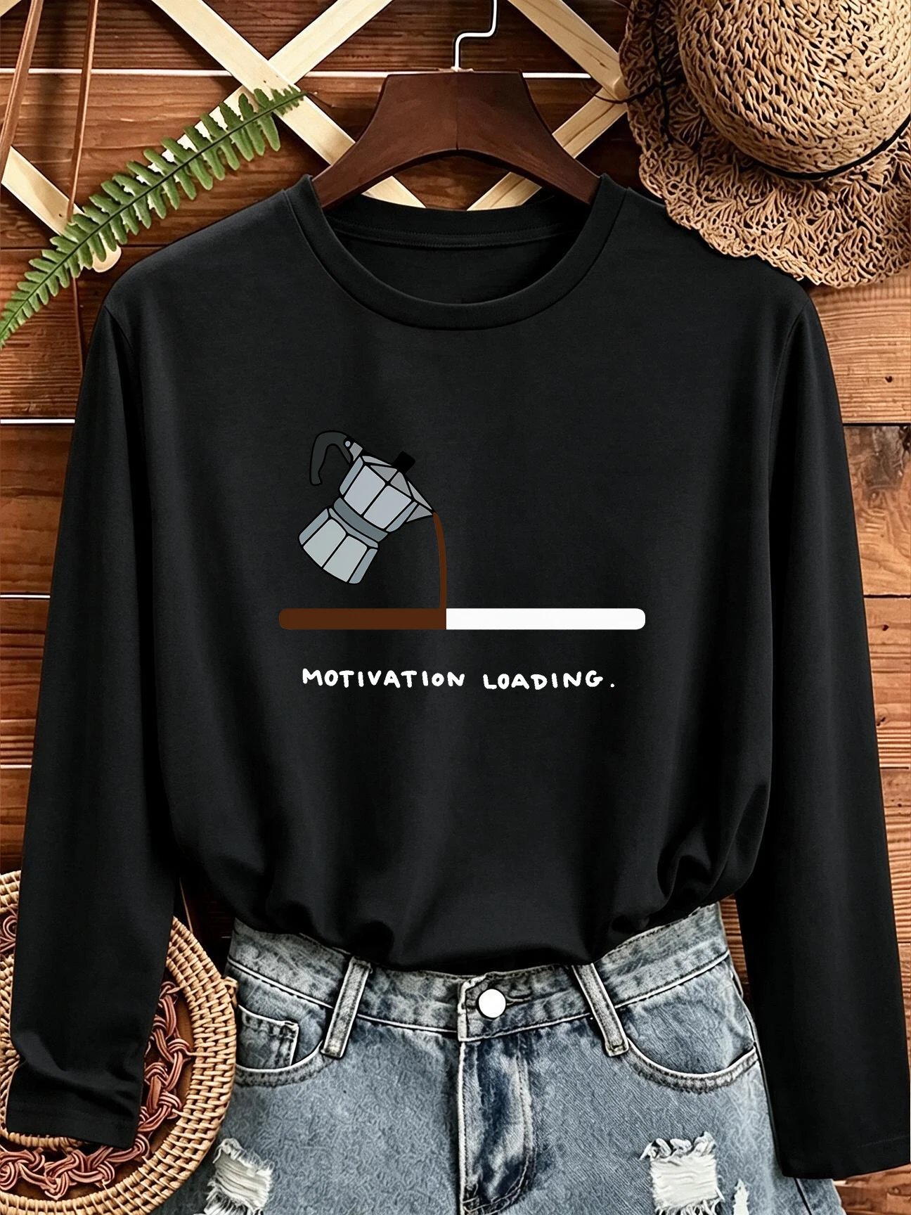 Women's 100% Moka Pot Funny Letter Long Sleeve T-shirt Creative Motivation Loading Coffee Print Lazy Casual T Shirt Clothes Y2k