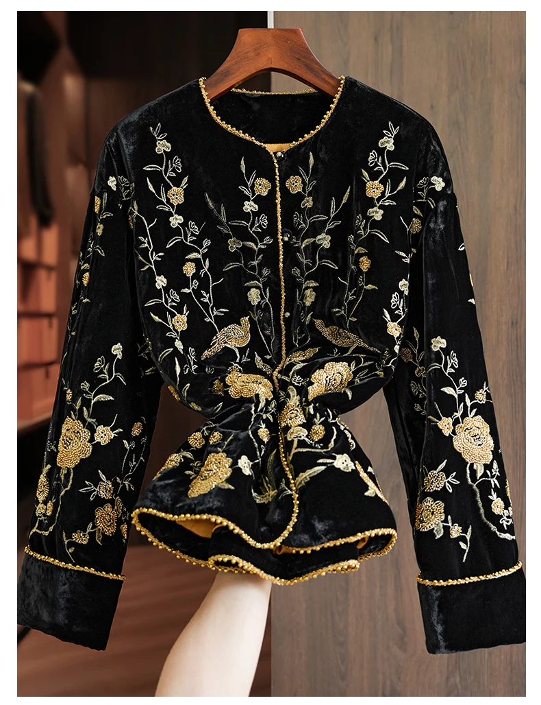 Exquisite Luxury Beading+ Embroidered New Silk+Velvet Coat Chinese Style O-Neck Cotton Jacket Women's Winter S-XL