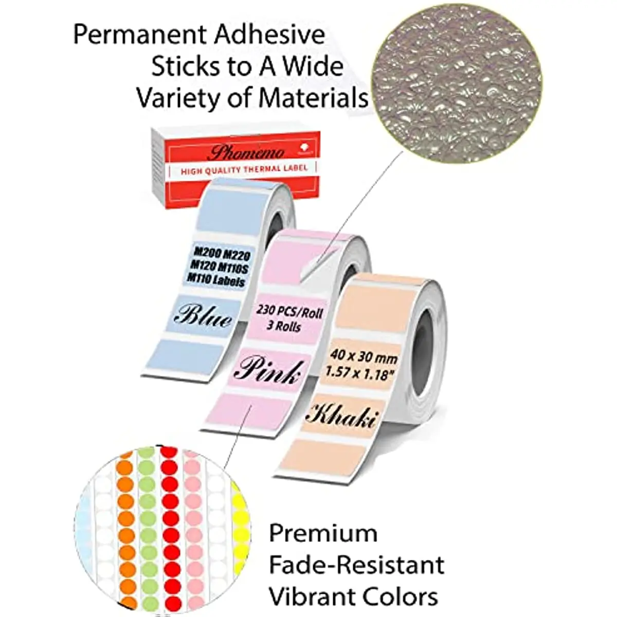 Phomemo M110 Labels Color M200 Label 40x30MM for M220 M200 M120 M110S M110 Printer Labels Pink/Khaki/Blue 230 Pcs/Roll,3 Rolls