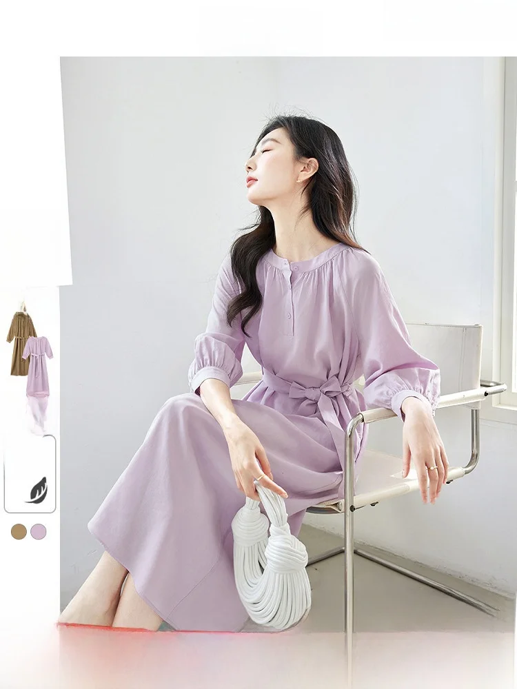 

Pastel Purple Gentle round Neck Dress Women's New Spring Waist Cinched Lyocell Long Skirt A-Line Silhouette Comfortable Breat...