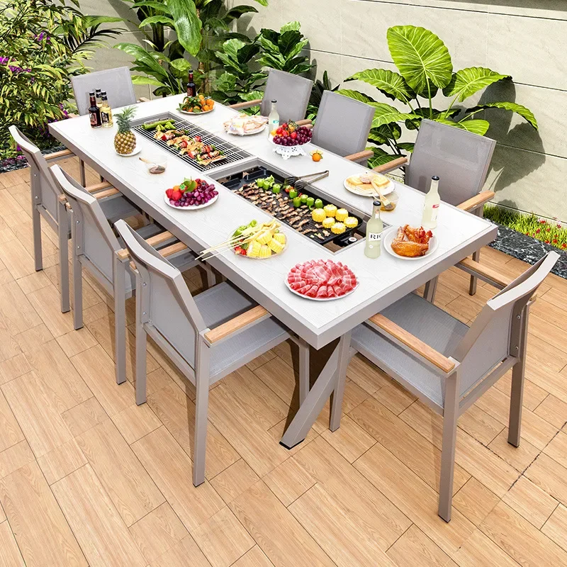for Outdoor Courtyard BBQ Table and Chairs Set Aluminum Alloy Electric Charcoal Grilling Table Villa Home Leisure Dining