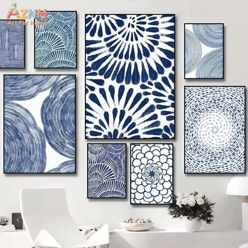 AZNM Blue White Abstract Canvas Wall Art Indigo Geometric Wave Fan Swirl Line Minimalist Boho Print Poster Living Room Bedroom D