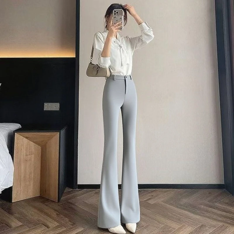 Women High Waist Micro Flare Trousers Summer Stretch Suit Pants Elegant Horseface Hem Wide Leg Floor Length Office Lady