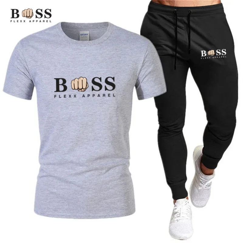 Hot Men\'s Tracksuit Two Pieces Sets Fitness Sport Suit Joggers Short Sleeve T Shirt+Trousers Men\'s breathable Casual Sportswear