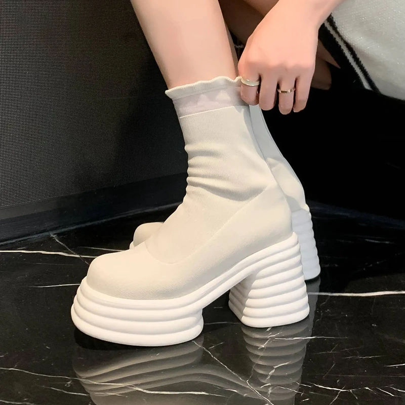 Lenkisen Fashion Round Toe Thick Bottom Ruffles Decoration Winter Stretch Boots Platform Slip On Solid Concise Mid-calf Boots