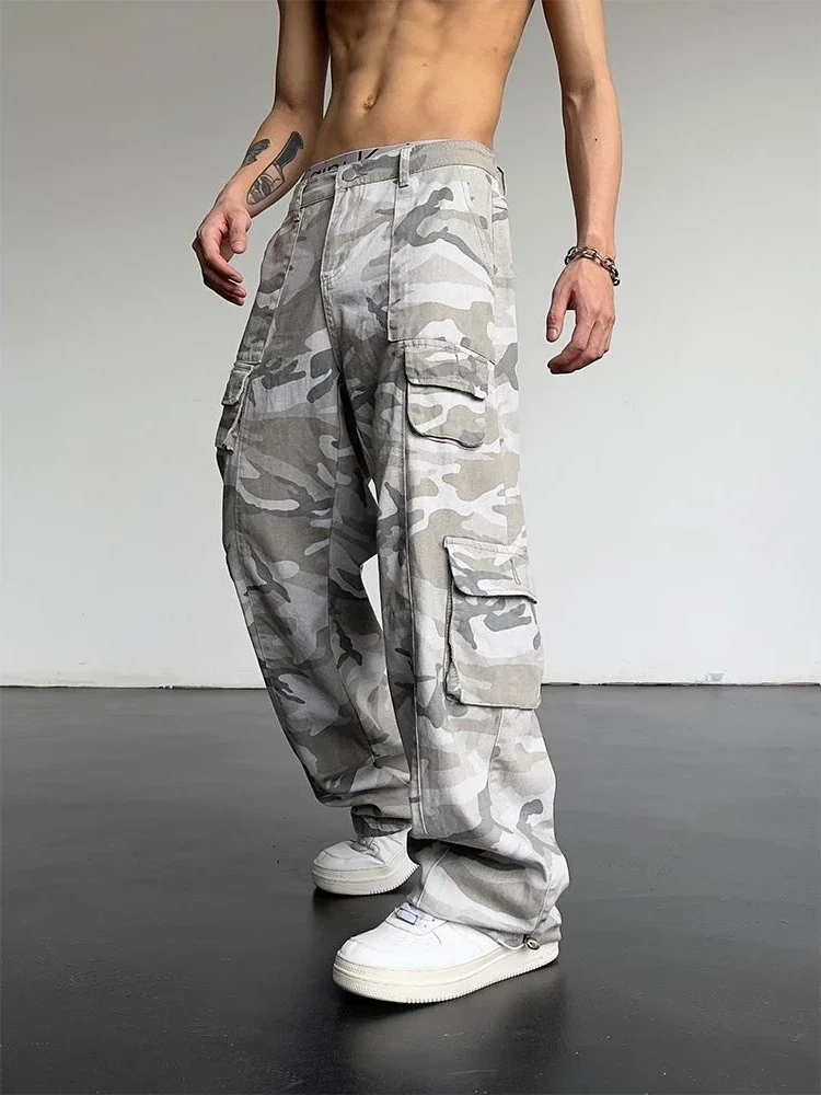 Grey Trekking Camouflage Straight Camo Cargo Pants For Men Trousers Man Wide Cotton Clothing Luxury Regular Fit Designer New In view 2