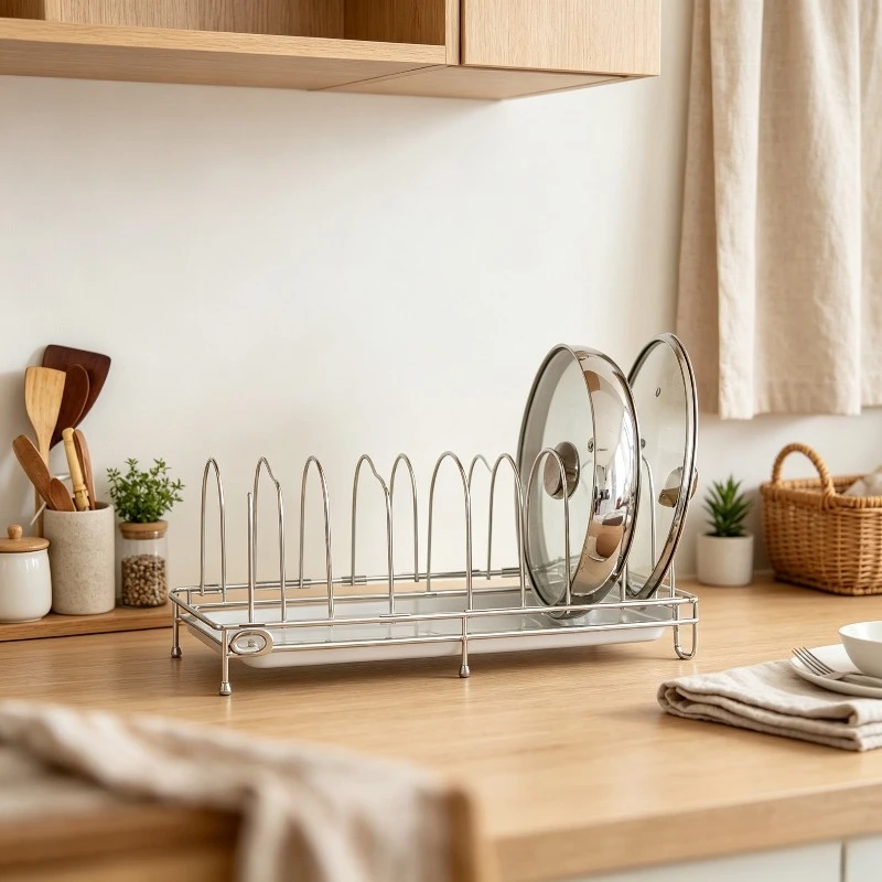 Pot Rack Flexible Stainless Steel Cookware Organizer Stand for Cabinet Countertop Lid Holder Kitchen Shelf Heavy Duty Rust-proof
