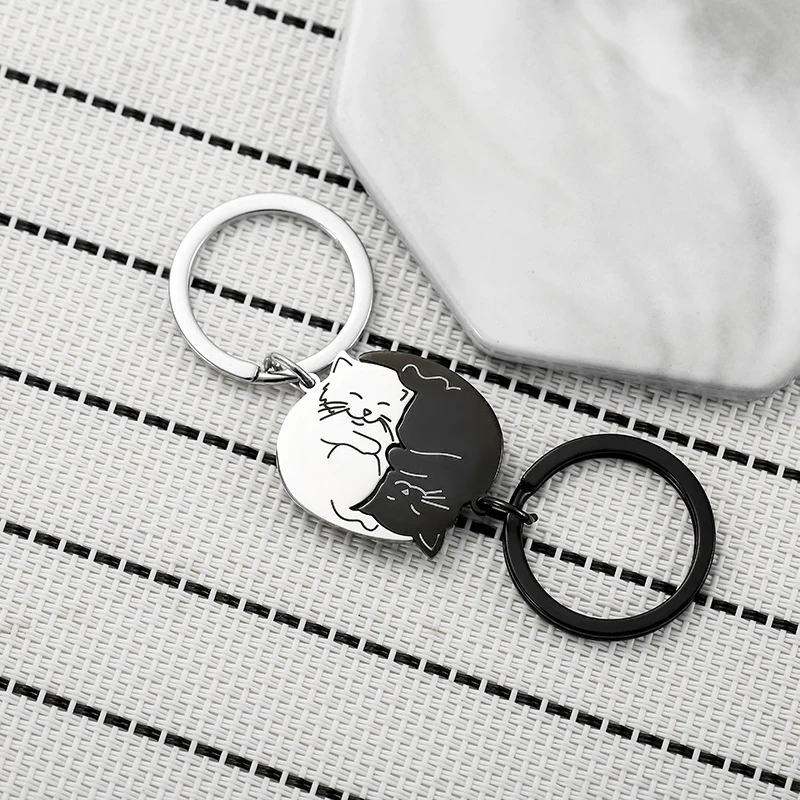 Cute Cat Keychain Stainless Steel Key Ring Couple Lover Animal Matching Keyring Pendants Valentine Day Gifts