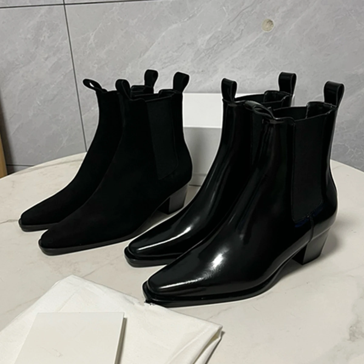 

Jenny&Dave Minimalist Cowhide Chelsea Boots Fashion Ladies Women Elegant Ankle Boot 5.5cm High Heel Shoes Women