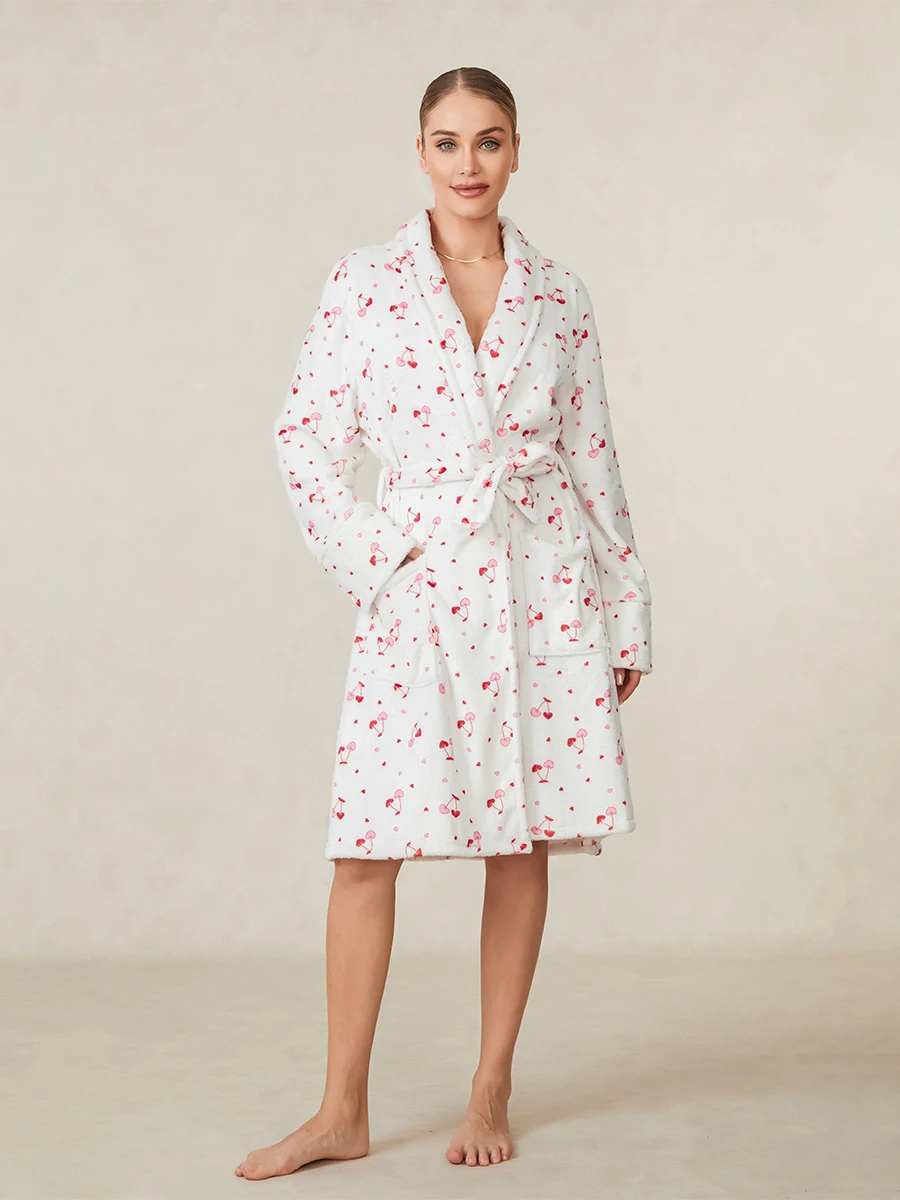 Women Fruit Robe Bow Floral Cherry Print Open Front Long Plush Bathrobe Fluffy Fleece Fuzzy Shawl Collar Spa Robes with Belt