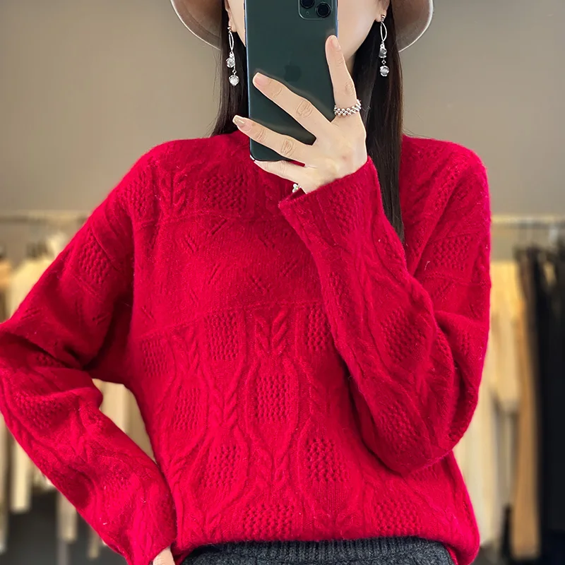 

2023 Winter Women Sweaters And Pullovers 100% Australian Wool Sweater For Lady Long Sleeves Loose Clothing New Fashion NJS01