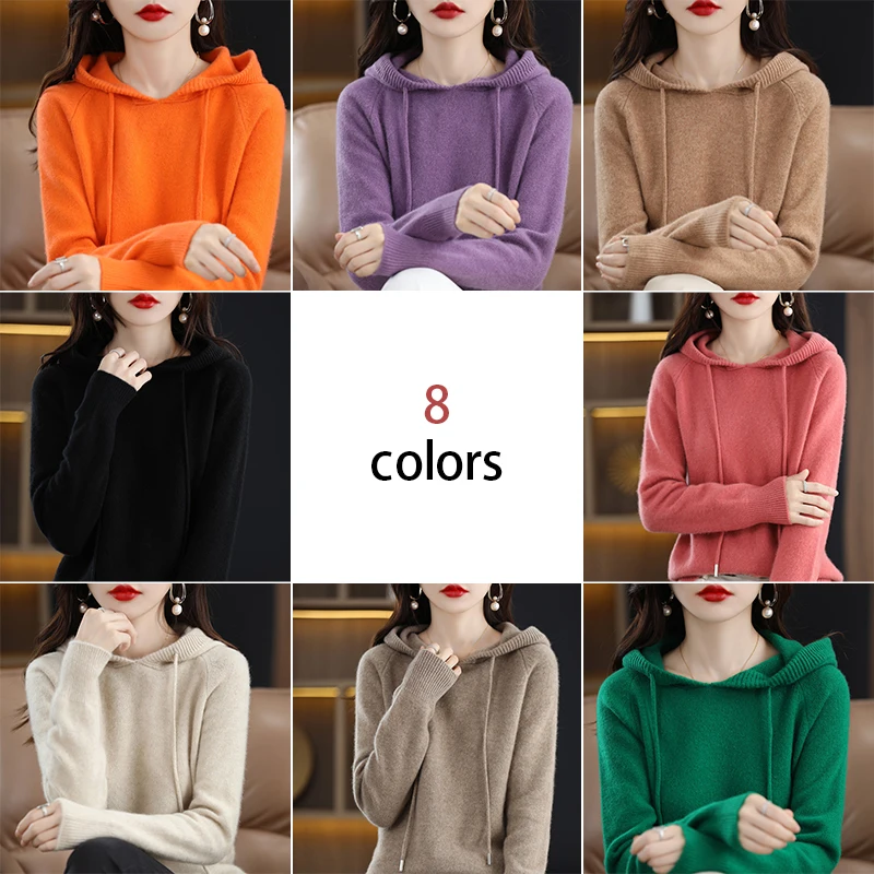 Women Warm Wool Hooded Pullover Sweaters Autumn Winter Solid Color Jumper Korean Fashion Cashmere Knitted Hooded Tops