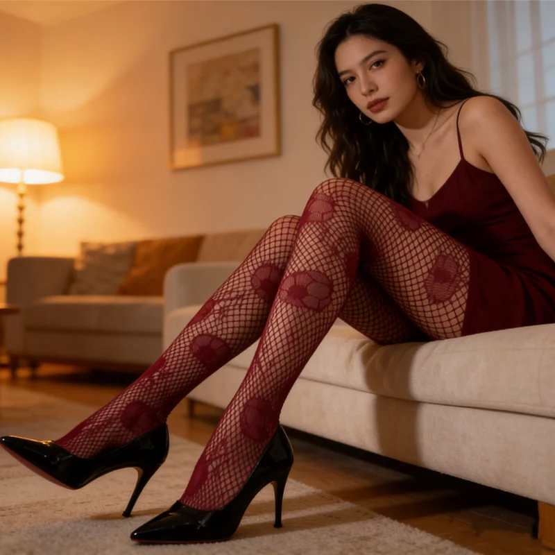 Women's Aesthetic Star Ball Patterned Tights Stockings Multicolor Sheer Mesh Pantyhose Hosiery sexy Red wine pantyhose