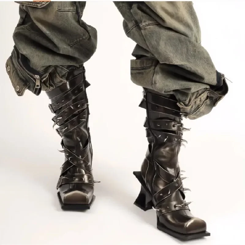 2024 Wasteland Style Vintage Trouser legs Western Boot Black Knee High Boots Women Brown Maillard Rivets Punk Winter Shoes