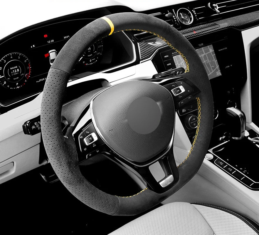Genuine Leather Yellow Thread Hand Sew Steering Wheel Cover for Alcantera Car Accessorie for Volkswagen VW Golf 7 Mk7 Polo Jetta