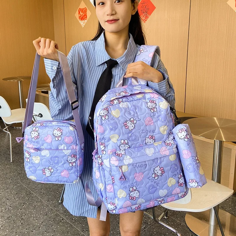 Tas Sekolah Fashion Hello Kitty 3 Buah/Set untuk Remaja Tas Makan Siang Anak Perempuan Dasar Tas Pensil Kartun Ringan Ransel Anak