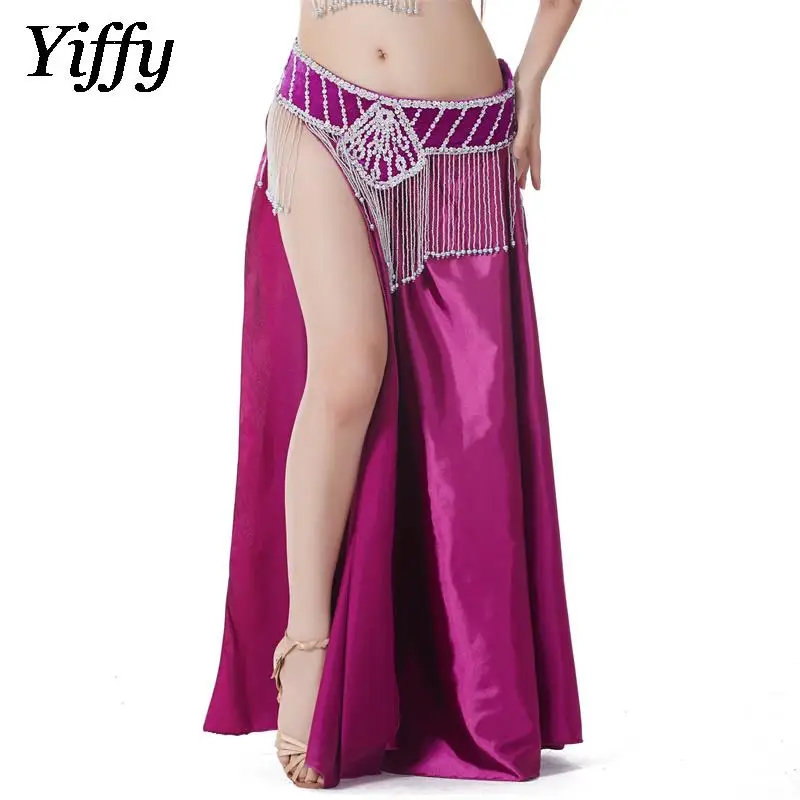 New Pattern Belly Dance Big Swing Skirt Lady Shiny Double Split Sexy Long Skirt Adult Stage Performance Goddess Attire