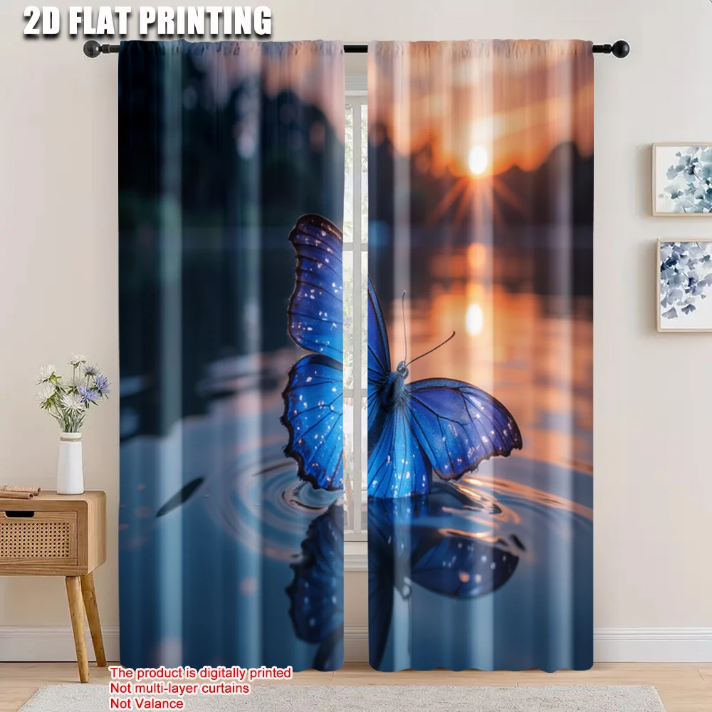 

2pcs, 2D flat printing Window Treatment Curtains Blue Butterfly Sunset Beach Light Filter Birthday Party for Holiday Parties