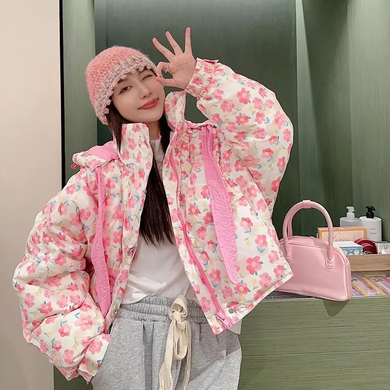 달콤한 꽃무늬 패턴 푸퍼 재킷 겨울용 따뜻한 여성용 면 패딩 재킷 후드 코트 긴 소매 루즈 숏 탑 겨울 의류
