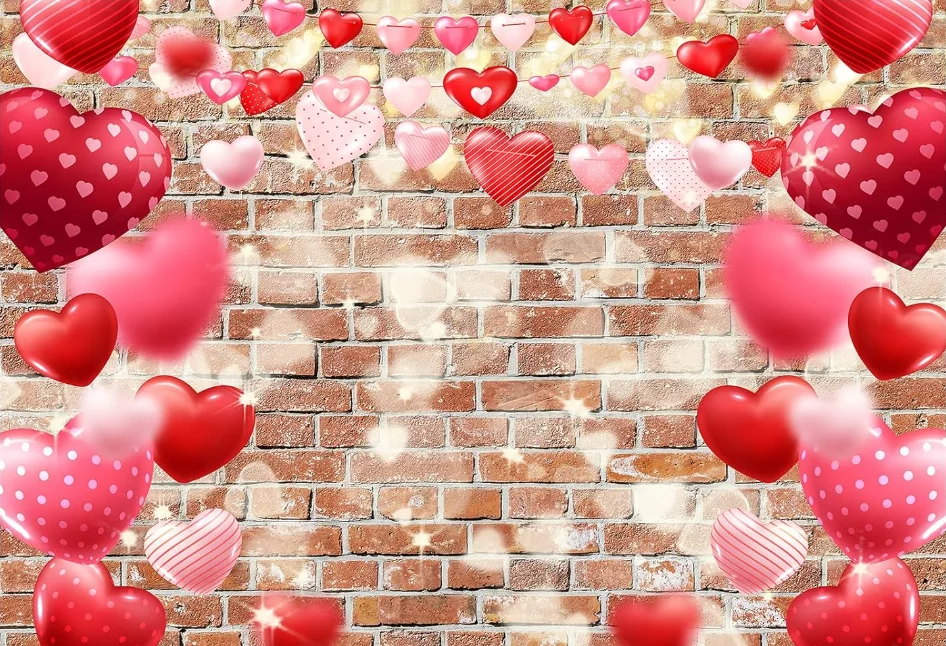 Brick Wall Themed Backdrop Sweetheart Red and Pink Love Heart Light Valentine's Day Background Mother's Day Wedding Anniversary