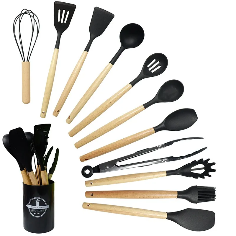 

12Pcs/Set Wooden Handle Silicone Kitchen Utensils With Storage Bucket High Temperature Resistant And Non Stick Pot Spatula Spoon