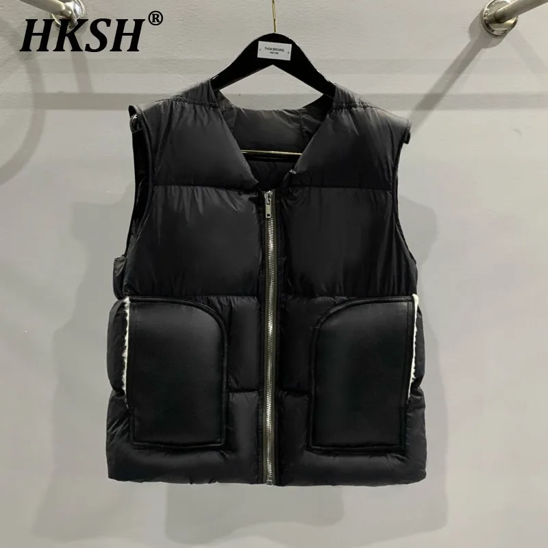 HKSH Autumn Winter Men\'s Tide Dark V-neck Cotton Jacket Women Splice Fur Patchwork Sleeveless Vest Zipper Chic Down Coats HK2466