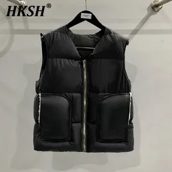 HKSH Autumn Winter Men's Tide Dark V-neck Cotton Jacket Women Splice Fur Patchwork Sleeveless Vest Zipper Chic Down Coats HK2466