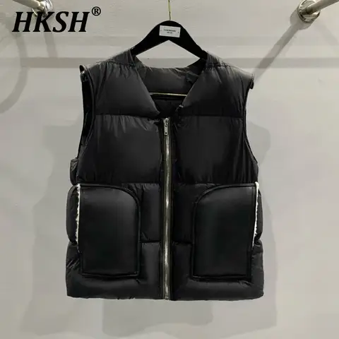 HKSH 남성용 타이드 다크 브이넥 코튼 재킷, 여성용 스플라이스 퍼 패치워크 민소매 조끼, 지퍼 시크 다운 코트, 가을 겨울, HK2466