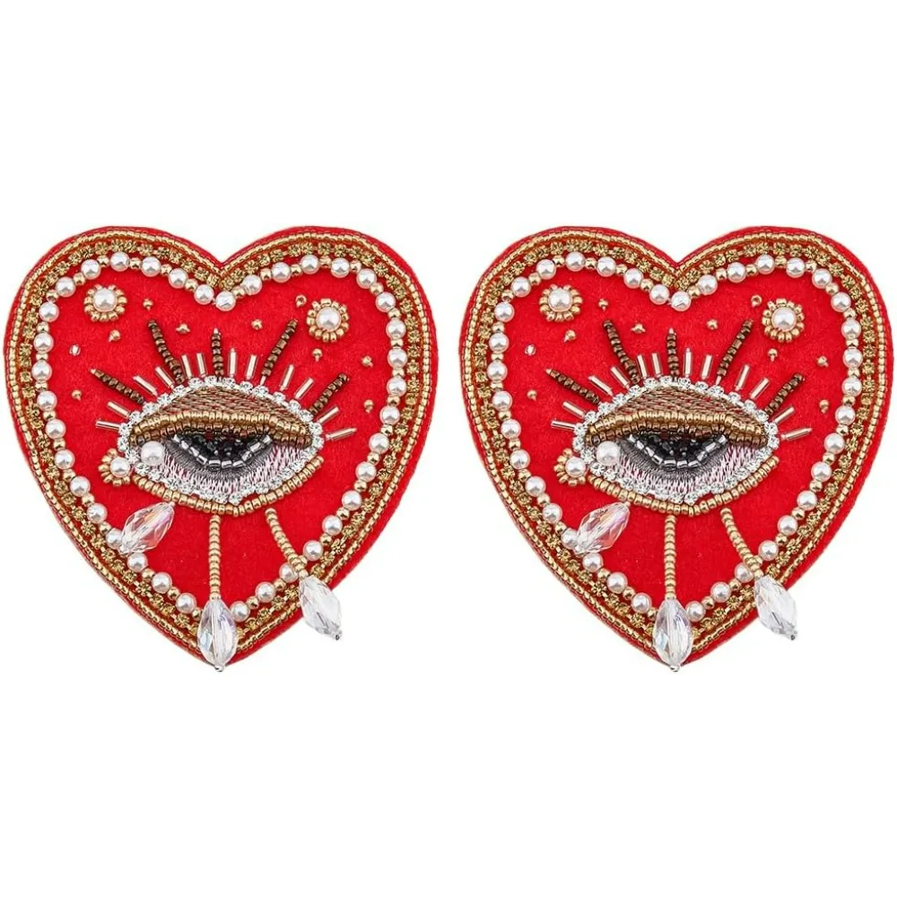 2Pcs Red Weeping Eye Appliques Patch Embroidery Sew on Clothing Patches 85x84x10mm Vintage Pearl Glass Beaded Sewing Handmade