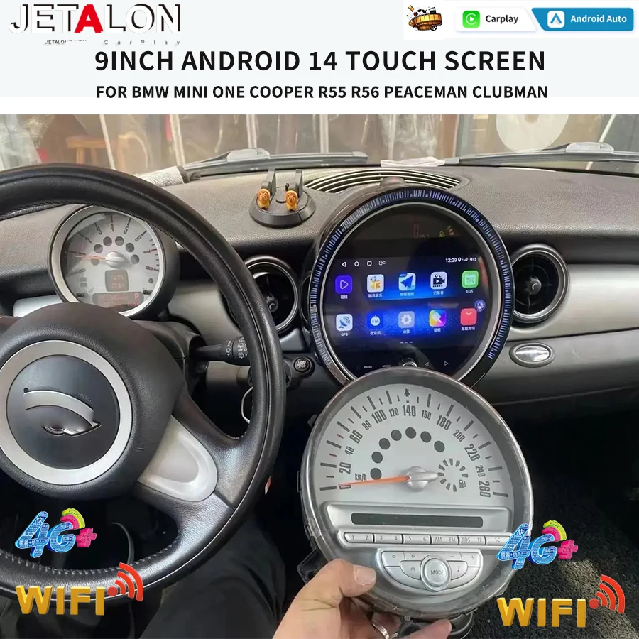9inch Android14 Auto Wireless Carplay For BMW Mini One Cooper R55 R56 Peaceman Clubman Car Radio Multimedia Player 4G GPS Navi