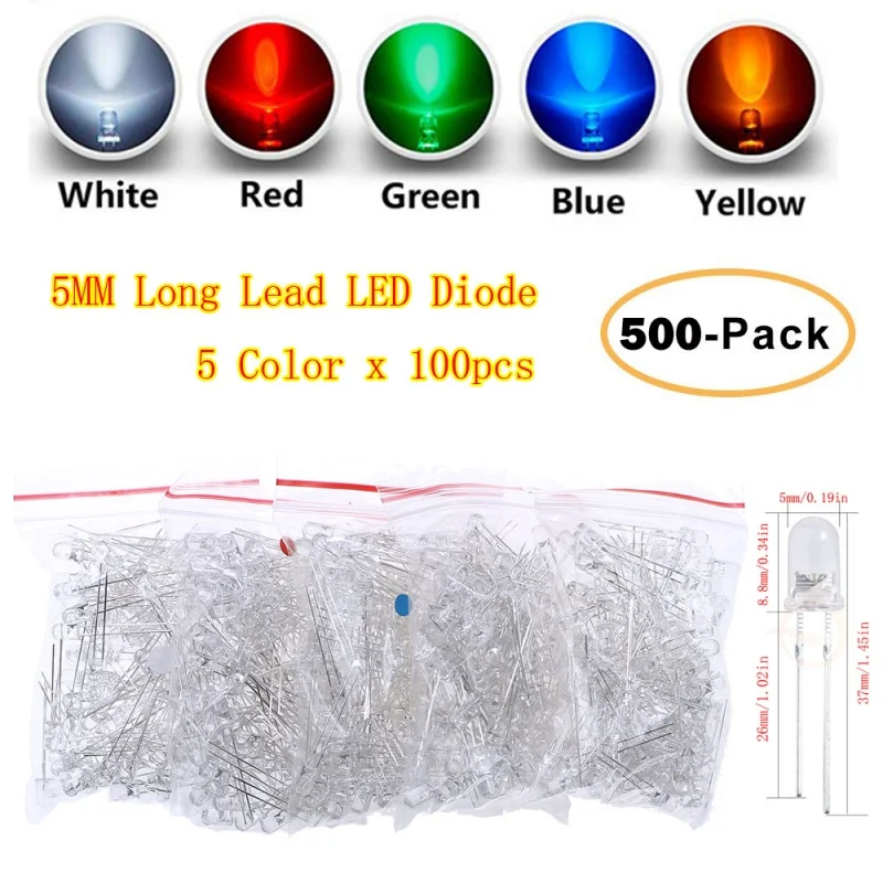 500pcs/lot F5 5MM Long Lead Transparent Ultra Bright White LED Diode Assorted kit set 5Colors Red White Yellow Green Blue