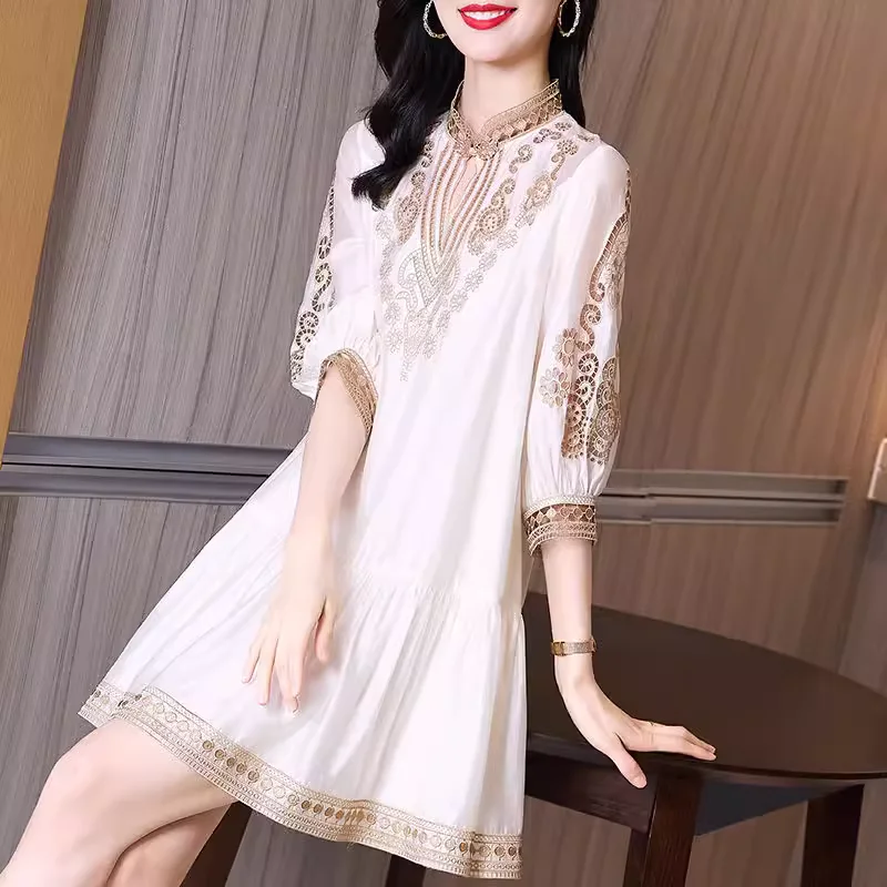 Vintage Summer Dress Cut-out Chiffon Embroidery Fairy Dress Half-Sleeve Loose Women's Clothing Lady Pleated Skirt