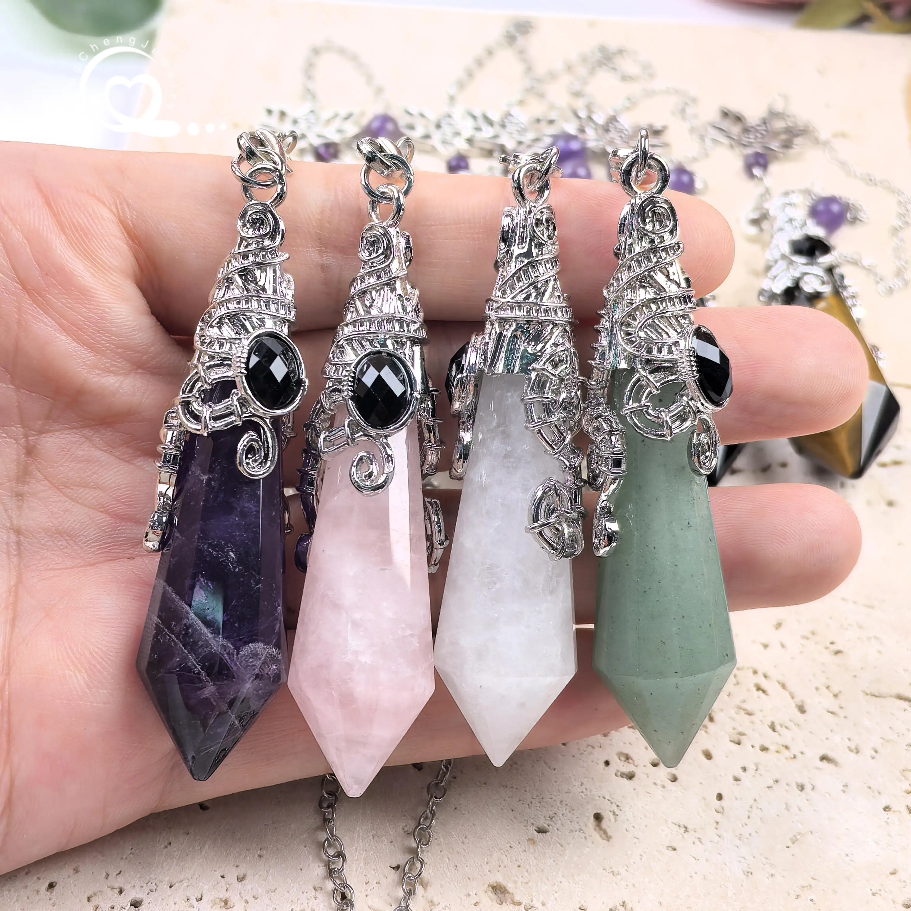 شقرا كريستال الأوجه نقطة البندول المعلقات شفاء الريكي الكوارتز مخروط التغطيس التأمل العرافة Pendulo البندول ، QC6026 #5