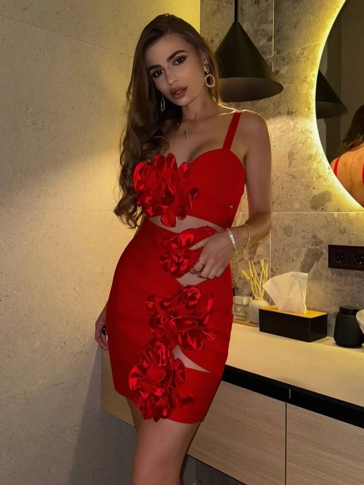 Seksowna sukienka bandażowa na ramiączkach spaghetti z wycięciami, kwiatami, czerwona, bez rękawów, z trójwymiarowymi kwiatami, mini, obcisła, na wieczorne przyjęcie, koktajl.