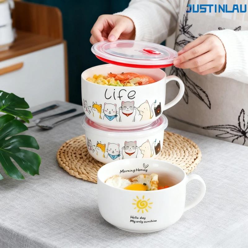 M/L Ceramic Bowl Large Capacity Soup Ramen Bowls with Lid Salad Food Containers Household Tableware Camping Dormitory Supplies