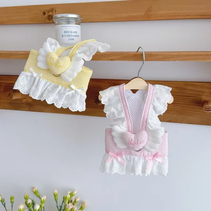 Cute Lace Ruffle Plaid Dog Harnesses Vest 3D Angel Heart Mesh Pet Chest Strap For Small Medium Dog Cat Outdoor Walking Apparel view 2
