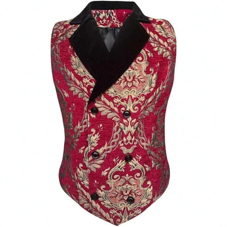 New Fashion Men's Retro Jacquard Vest British Court Style Double Breasted Suit Vest Banquet Stage Performance Outfit