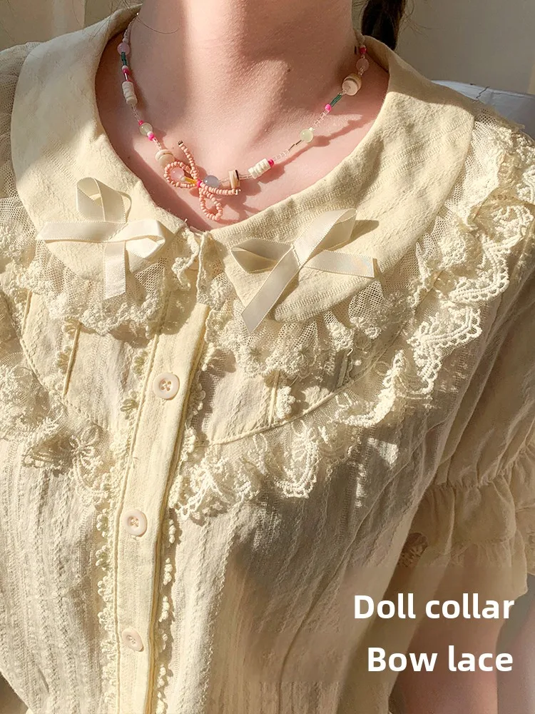 

Coalfell Lolita Inner Shirt Women's Top Short Sleeved Pure Cotton Summer Princess Dress Long Sleeved Cute Lolita Doll Collar