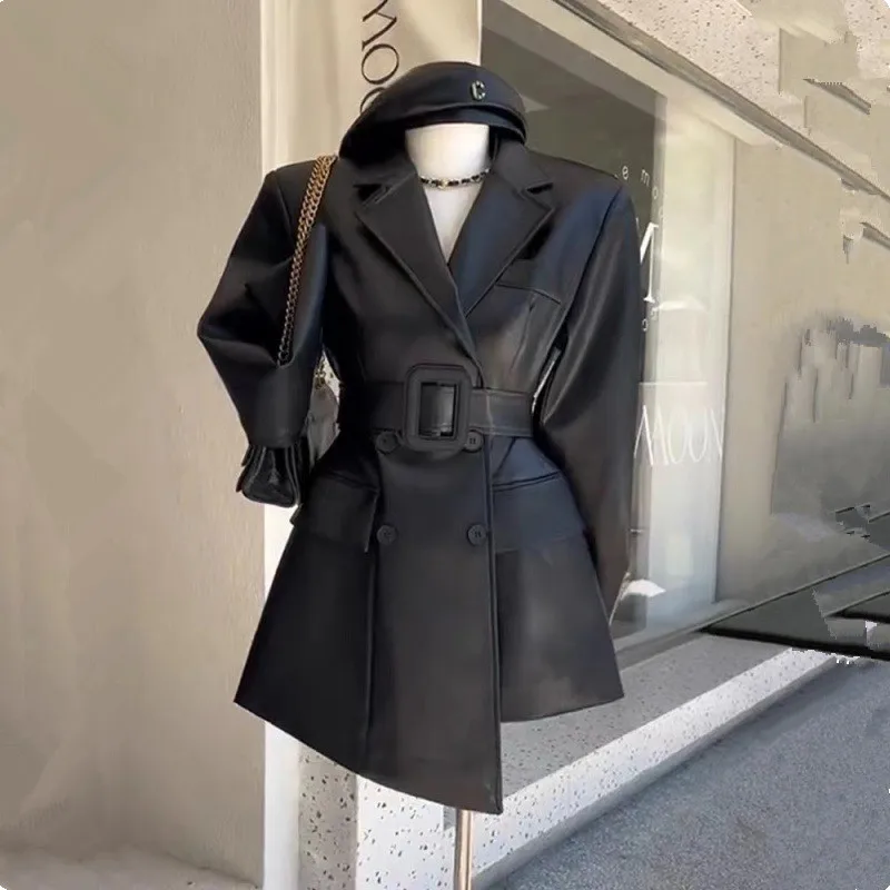 Leather Jacket Women Fashion Double Breasted With A Belt Elegant Female Coat Spring Autumn Luxury PU Leather Jacket Ladies 2882