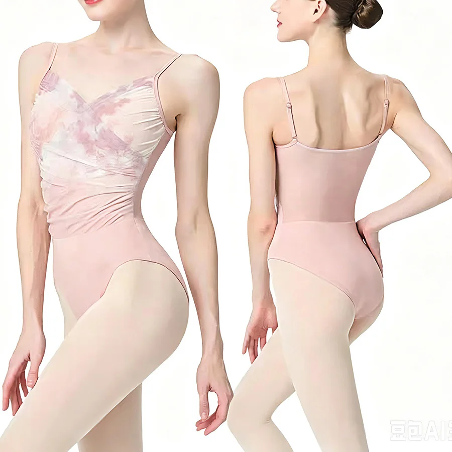 Tie-Dye Chinese style print ink wash Ballet Bodysuit Women V-Neck Camisole Leotard for Dance Training & Practice