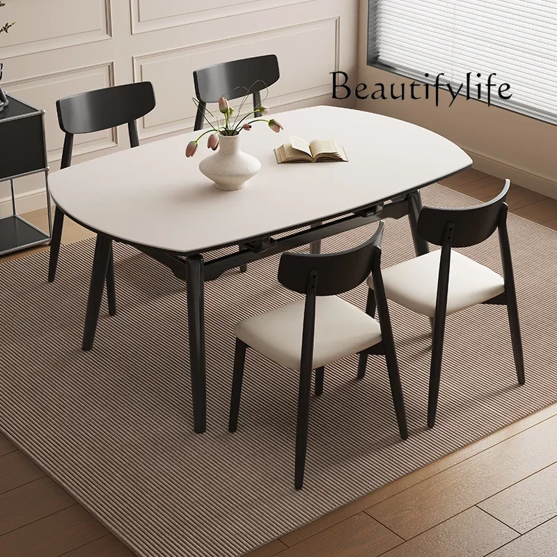 N Household folding rock slab round table black minimalist American retro retractable solid wood round dining table